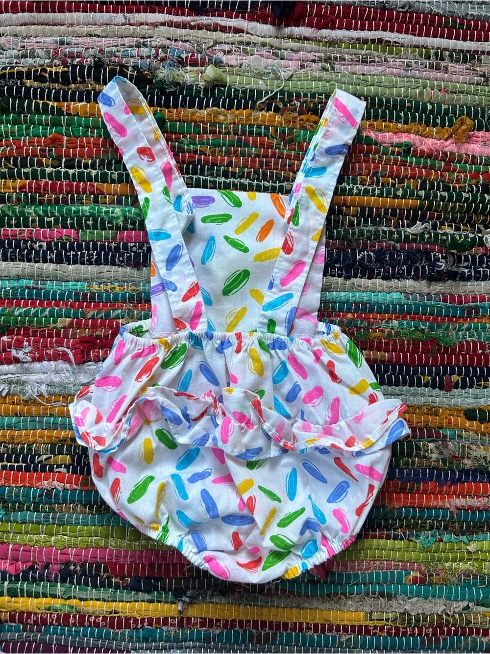 Vintage Handmade Ruffle Bum Baby Romper with Colorful Print 6-12 MOS